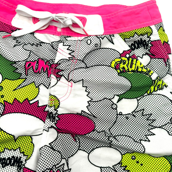 PUMA Men's Medium Neon Pink Green Cargo Comic Strip Swim Trunks Board Shorts 80s - Picture 1 of 10